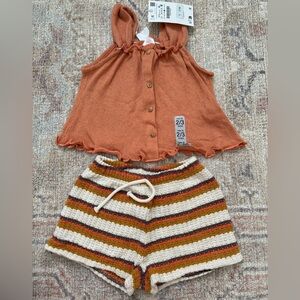 Orange Button-Up Top and Striped Knit Shorts Set
